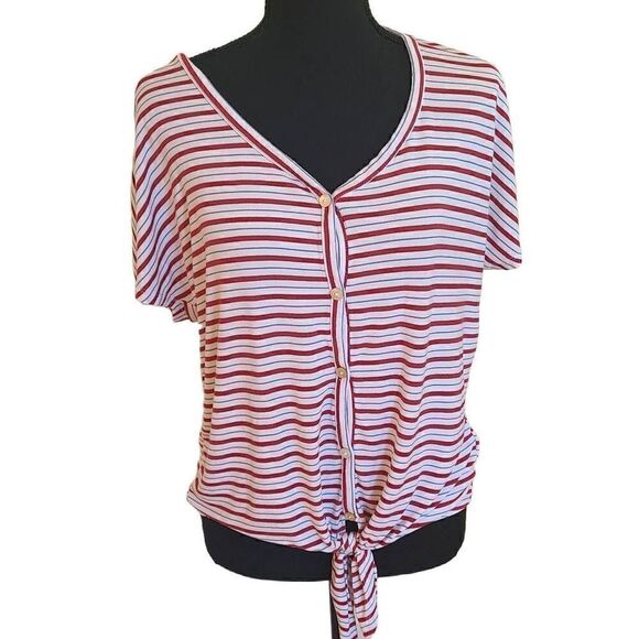 Cupio Womens Blouse Front Tie Button Short Sleeve Stripes Red Medium - Picture 1 of 11